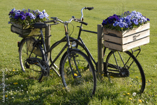 2 zwarte fietsen met kratten bloemen