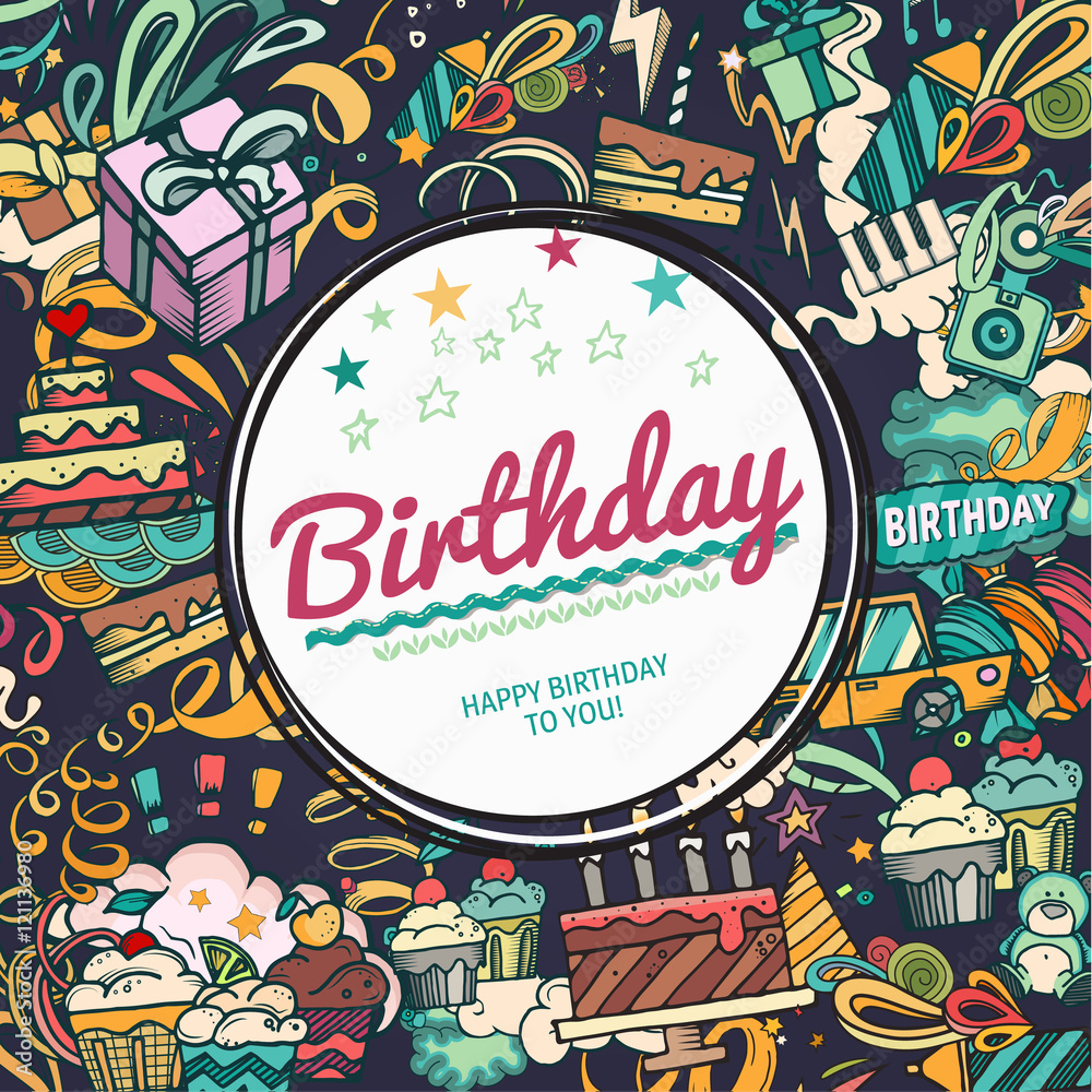 Obraz premium Birthday background. Collage photo frame card. Album template for kid, baby, family or memories. Scrapbook concept, vector illustration.