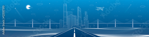 Infrastructure panorama. Highway. Big bridge, business center, architecture and urban illustration, neon city, white lines composition on blue background, skyscrapers and towers, vector design art