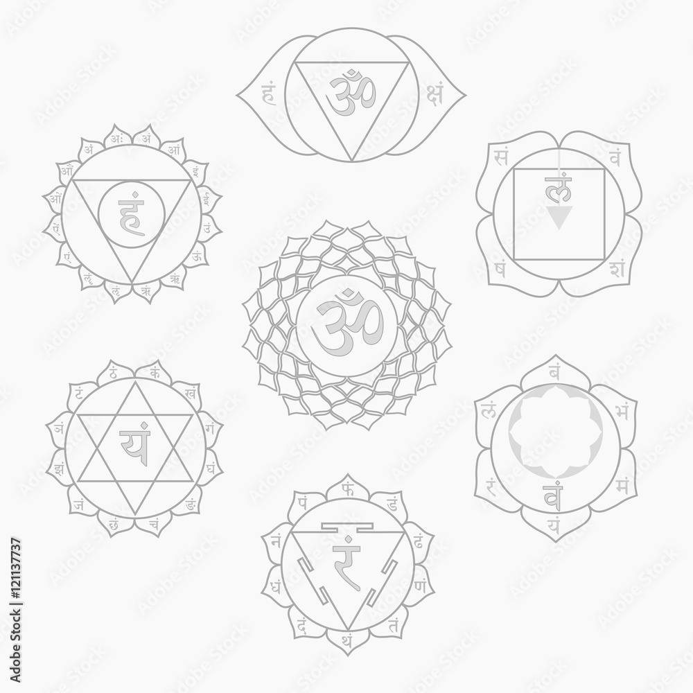 the seven chakras with Sanskrit alphabet vector set black and white ...