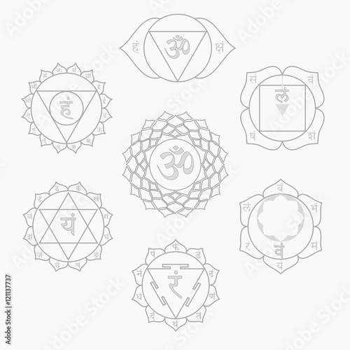 the seven chakras with Sanskrit alphabet vector set black and white photo