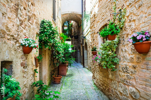 beautiful village Spello  Umbria  Italy  with floral streets