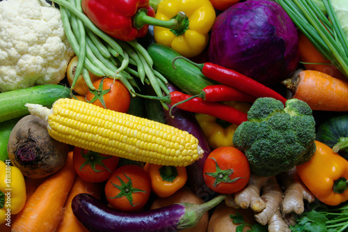 Vegetables background, assortment of raw vegetables close up