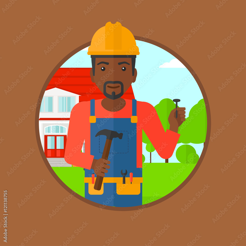 Cheerful builder with hammer vector illustration.