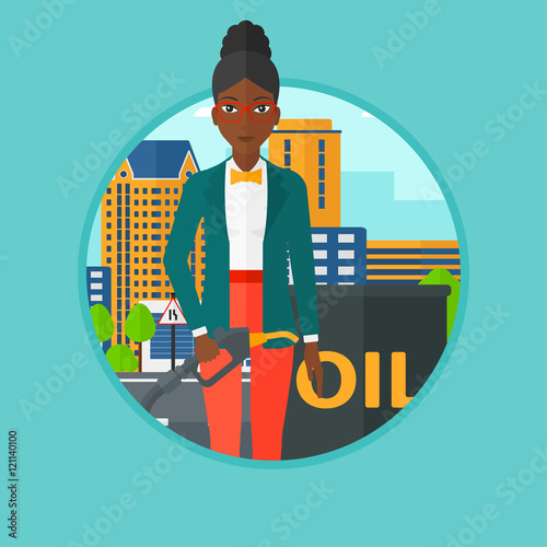 Woman with oil barrel and gas pump nozzle.