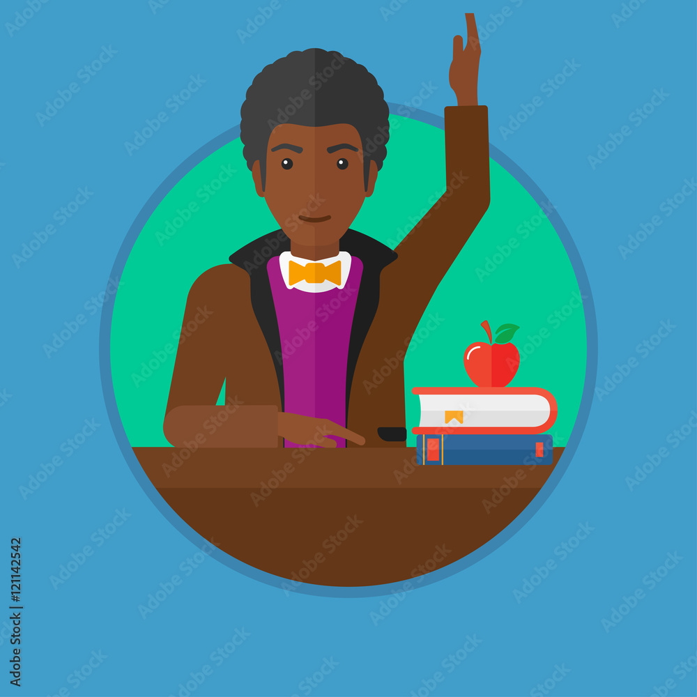 Student raising hand in class for an answer. Student raising hand in class for an answer.