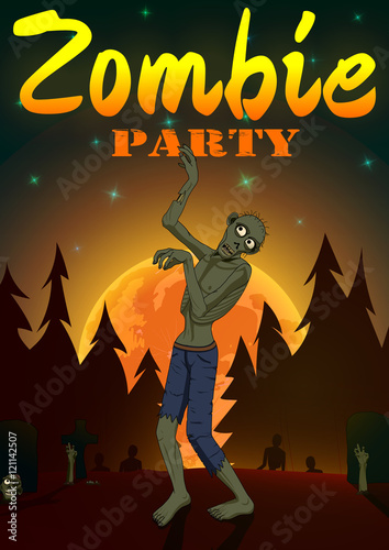Halloween Zombie Party on orange moon background. Vector illustration