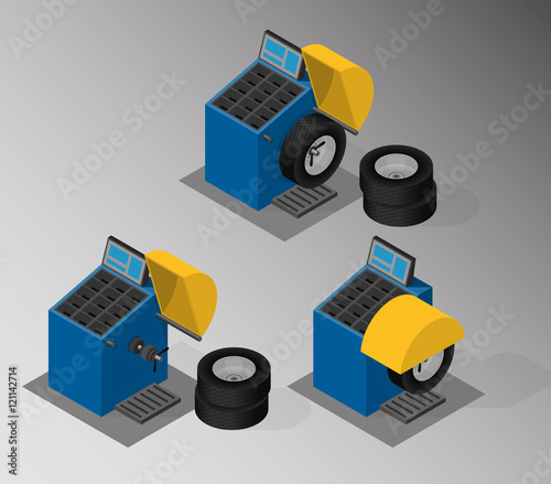 Vector isometric illustration of wheel balancer. Equipment for automotive service.