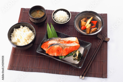 salmon steak, grill salmon teriyaki. Japanese set