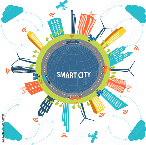 Smart City concept and Cloud computing technology  Internet networking concept  with different elements. Smart city design with  future technology 