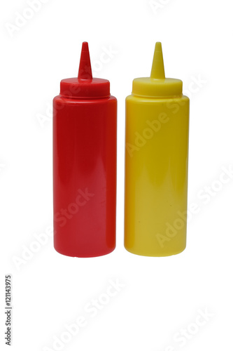 Red plastic ketchup and yellow mustard plastic bottle on white background.