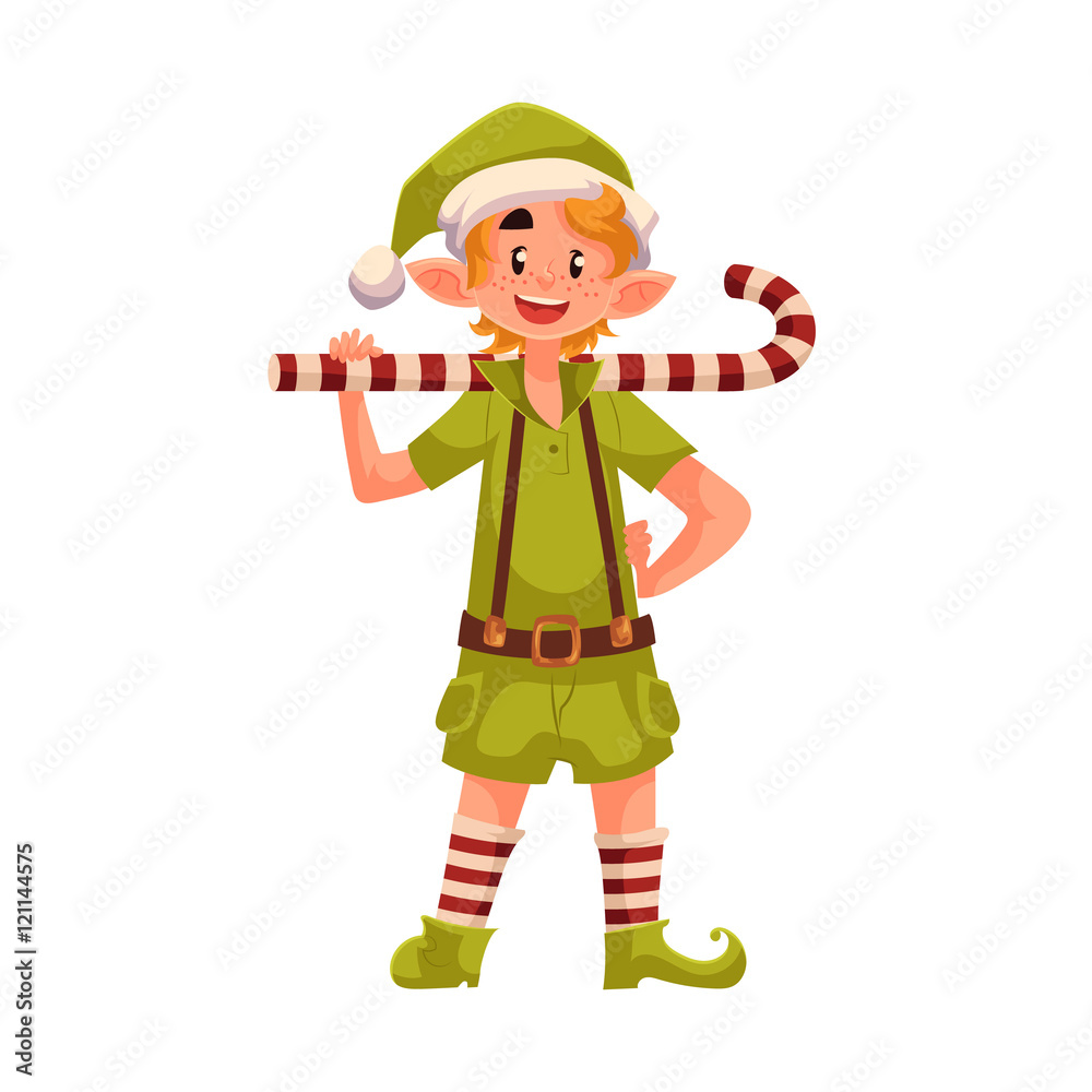 Christmas elf with a candy cane, cartoon vector illustration isolated on white background. Santa helper in green suit and striped socks, traditional elf character, Christmas decoration element Christmas elf with a candy cane, cartoon vector illustration isolated on white background. Santa helper in green suit and striped socks, traditional elf character, Christmas decoration element