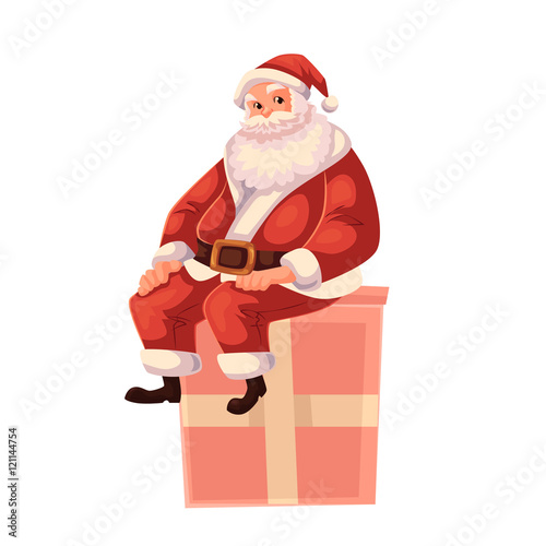Santa Claus sitting on a Christmas gift box, cartoon style vector illustration isolated on white background. Full length portrait of Santa sitting on a present box, Christmas decoration element