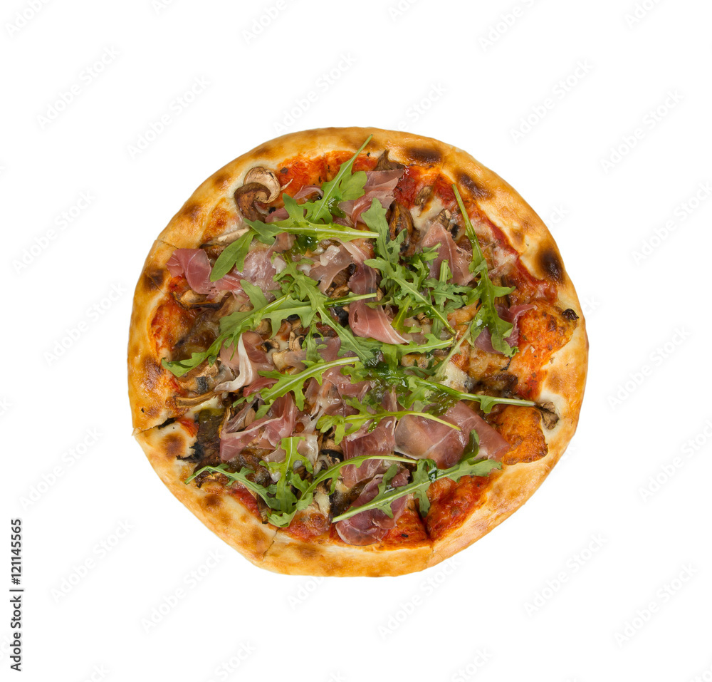 Pizza on a white background with tomato sauce, bacon and mushrooms.