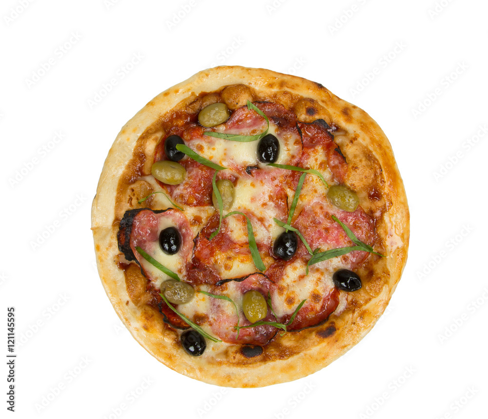 Pizza on a white background with tomato sauce, cheese, salami and olives.