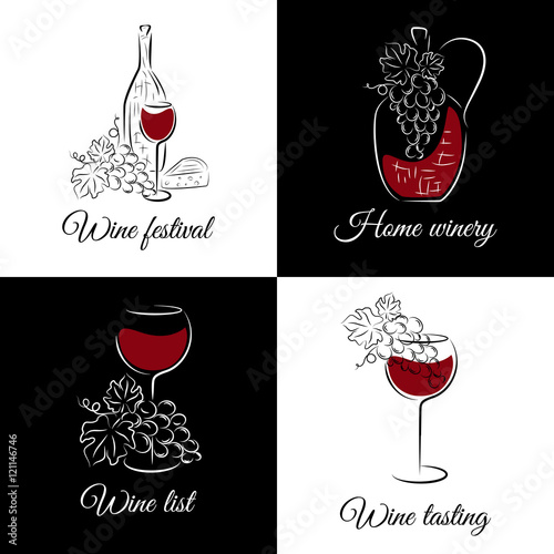 Wine concept for wine list, menu restaurant, logo, emblem, wine tasting bar or winery illustration. Vector set in hand drawn style.