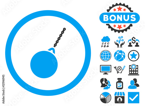 Destruction Hammer icon with bonus design elements. Vector illustration style is flat iconic bicolor symbols, blue and gray colors, white background.