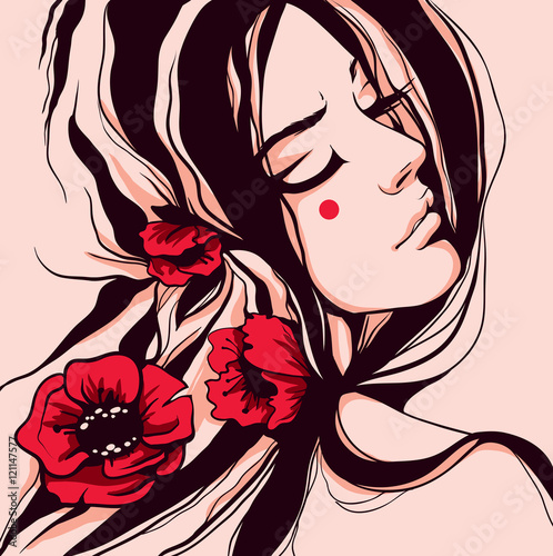 graphic romantic girl in profile with a bare shoulder and her hair with bright red flowers in curls