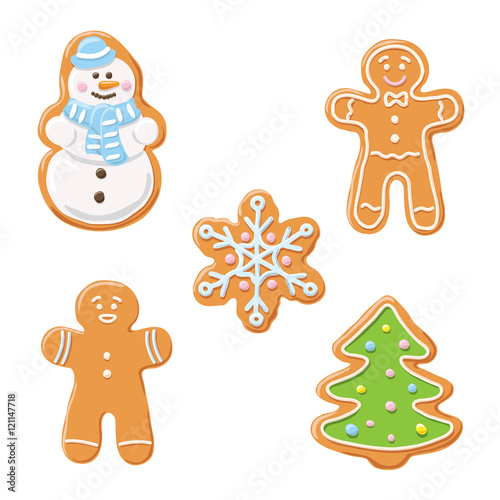 Sweet decorated new year gingerbread cookies icons set. Christmas tree and snowflake, ginger man, snowman.