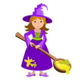 Vector cartoon image of funny witch with red hair purple dress and pointed hat spoon potion on white background. Halloween. illustration.