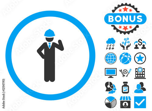 Engineer icon with bonus pictures. Vector illustration style is flat iconic bicolor symbols, blue and gray colors, white background.