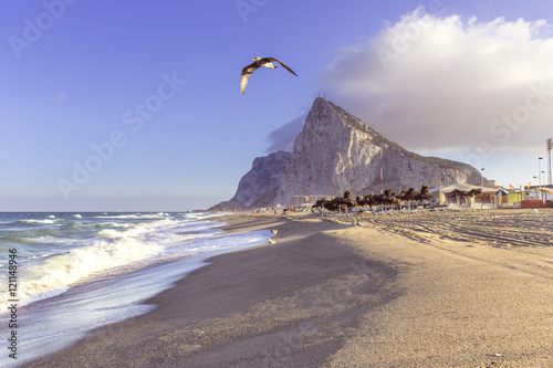 View of the Gibraltar rock from the beach of Linea, Spain.