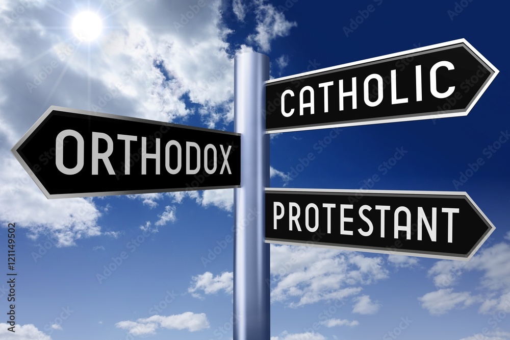 Signpost with three arrows - religion concept Signpost with three arrows - religion concept