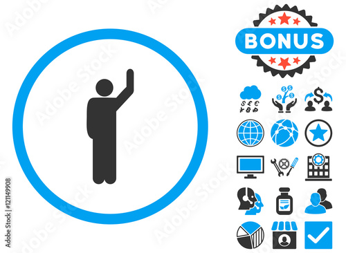 Hitchhike icon with bonus elements. Vector illustration style is flat iconic bicolor symbols, blue and gray colors, white background.