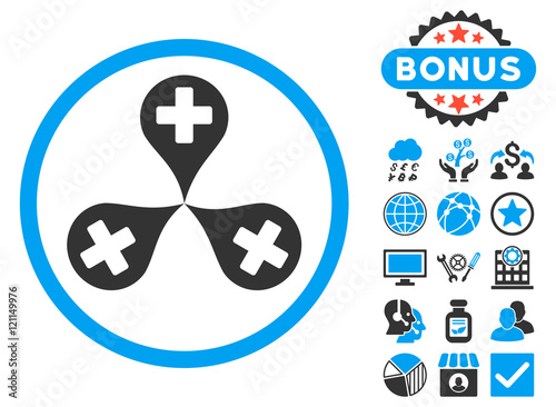 Hospital Map Markers icon with bonus design elements. Vector illustration style is flat iconic bicolor symbols, blue and gray colors, white background.