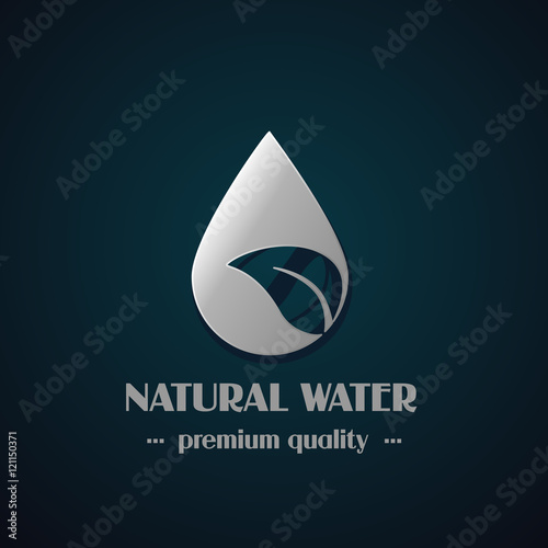 Vector chrome drop symbol with leaf on dark background, natural label for mineral water