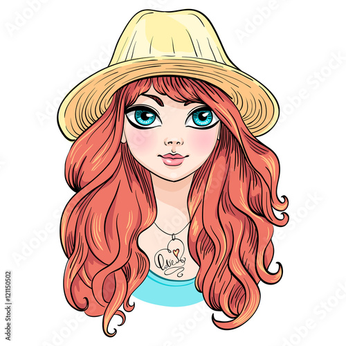 Vector beautiful fashionable girl in hat with long red curly hair
