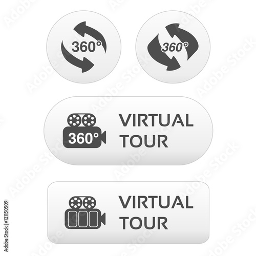Vector buttons for virtual tour, white labels - stickers with arrows and camera