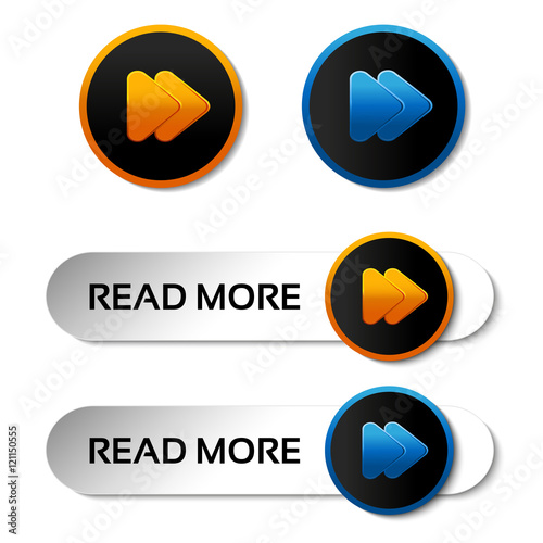 Vector here, read more, next, go, play buttons with arrow - labels, stiskers on the white background photo