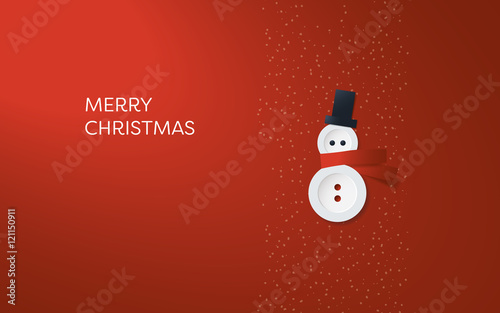 Simple, minimalistic Christmas card vector template. Cute adorable snowman made of buttons on red background.