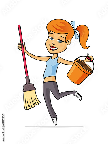 Happy young woman cleaning and dancing with mop an bucket. Vector cartoon illustration