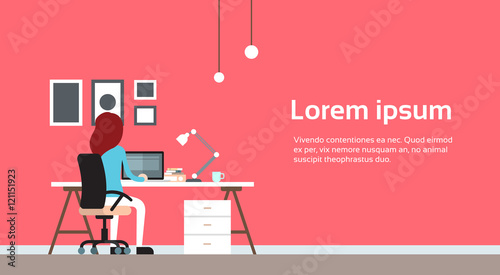 Woman Work Laptop Computer Office Business Workplace Back Rear View