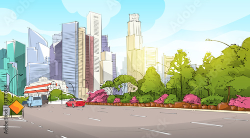 City Street Skyscraper View Sketch Cityscape