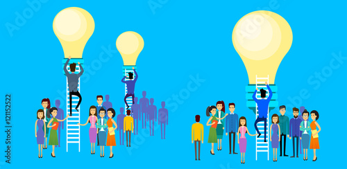 Asian Business People Group Businessman Climb Up Ladder Stairs To Light Bulb New Idea Concept 