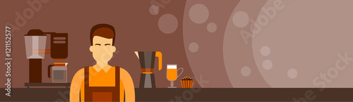 Coffee Barista Work Place Cafe Man Copy Space Horisontal Banner