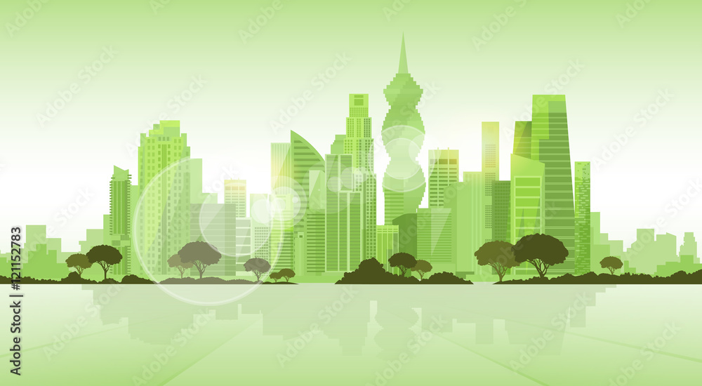 Panama City Skyscraper View Cityscape Background Skyline Green Silhouette with Copy Space