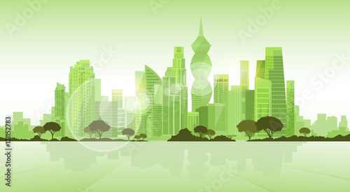 Panama City Skyscraper View Cityscape Background Skyline Green Silhouette with Copy Space