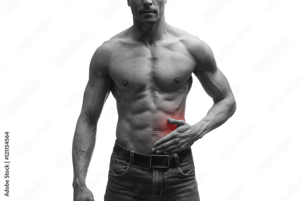 Fototapeta premium Attack of appendicitis, pain in left side of muscular male body, isolated on white background