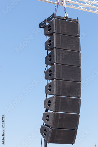 Setting of stage sound equipment. Powerful stage concerto industrial audio speakers