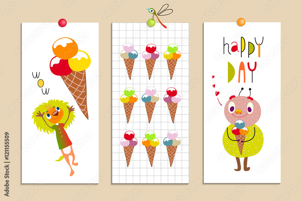 Set of creative cards with funny monsters and ice cream. Emotions, sweets. Funny Cartoon fantastic creatures. Cute fabulous incredible characters for children's design.  Vector Сollection on white.