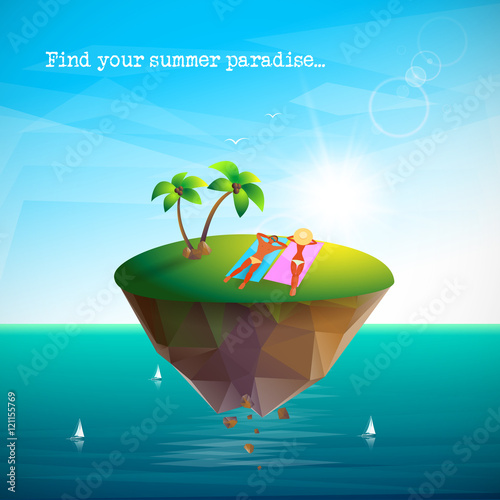 Couple relaxing on magic tropical island flying above the sea with sailboats, vector illustration