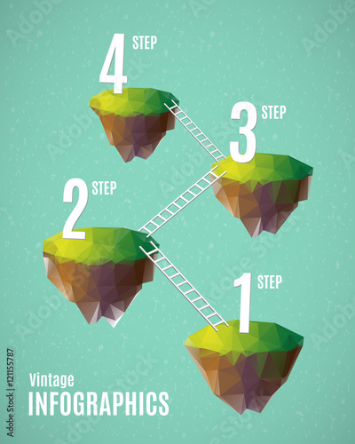 Infographics design with numbered flying polygonal islands and ladders on grunge background. Vector illustration