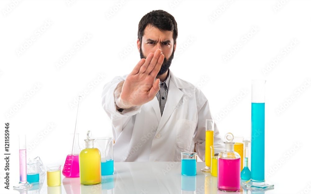 Scientist man doing NO gesture Scientist man doing NO gesture