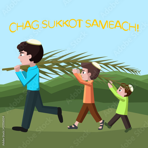 Jewish boys building tabernacles, happy sukkot