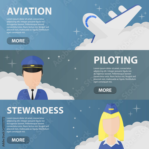 Set of vector flat horizontal banners of aviation, piloting and stewardess. Business concept of traveling, flying, airport and pilot profession.