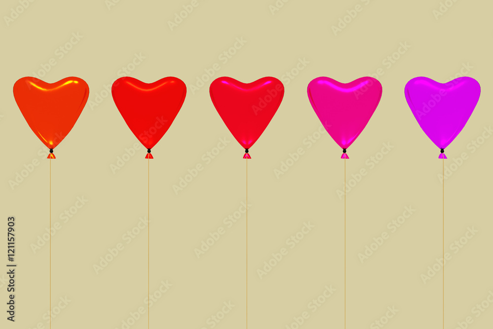 Five heart shaped balloons, 3d illustration